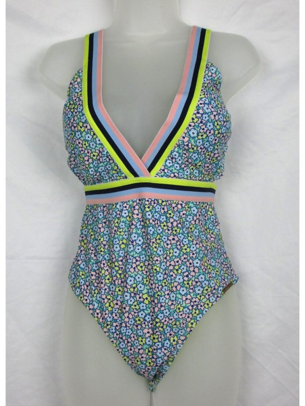 Juicy Couture Blue Floral One Piece Swimsuit Deep V Size L Retro Coastal Cottage